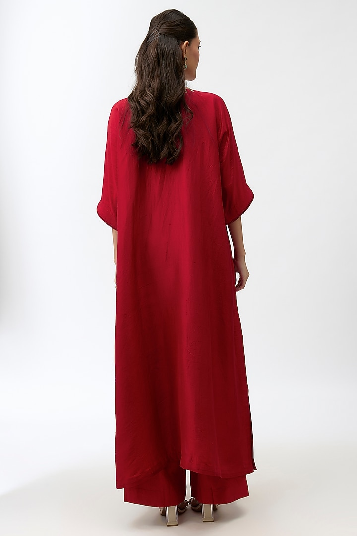 Red Silk Zardosi Embroidered Kaftan Set by Jayanti Reddy at Pernia's Pop Up Shop