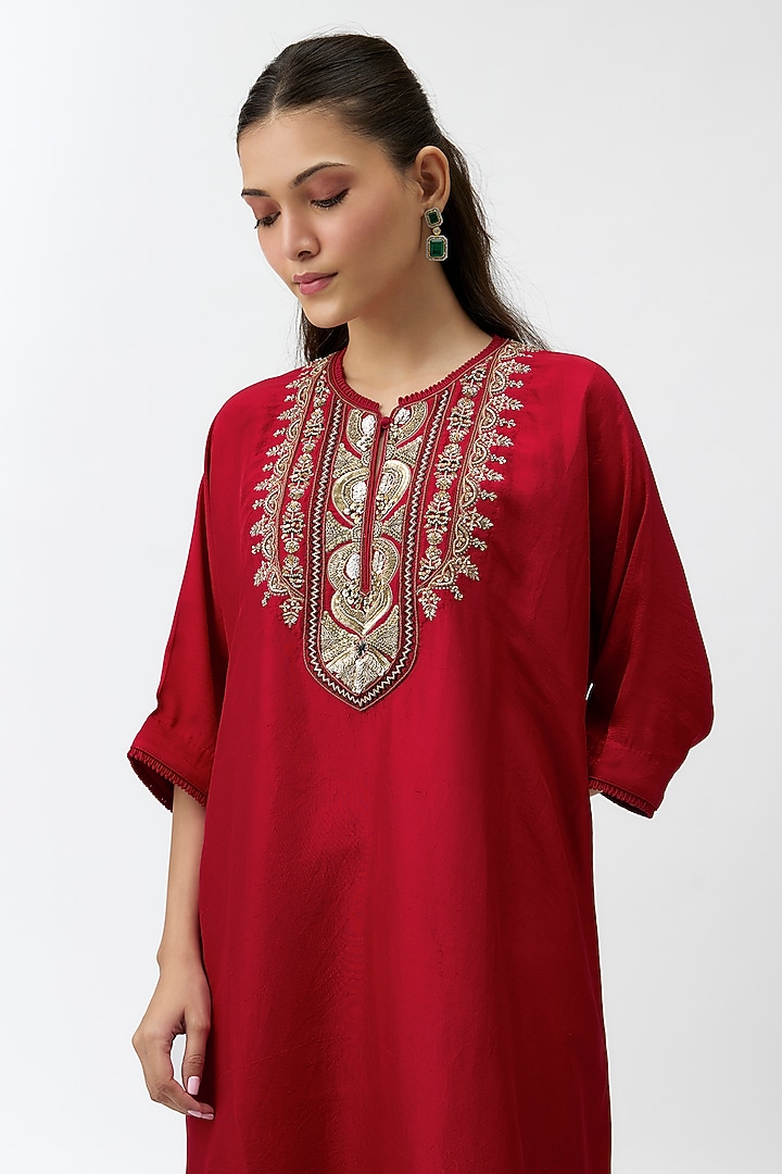 Red Silk Zardosi Embroidered Kaftan Set by Jayanti Reddy at Pernia's Pop Up Shop