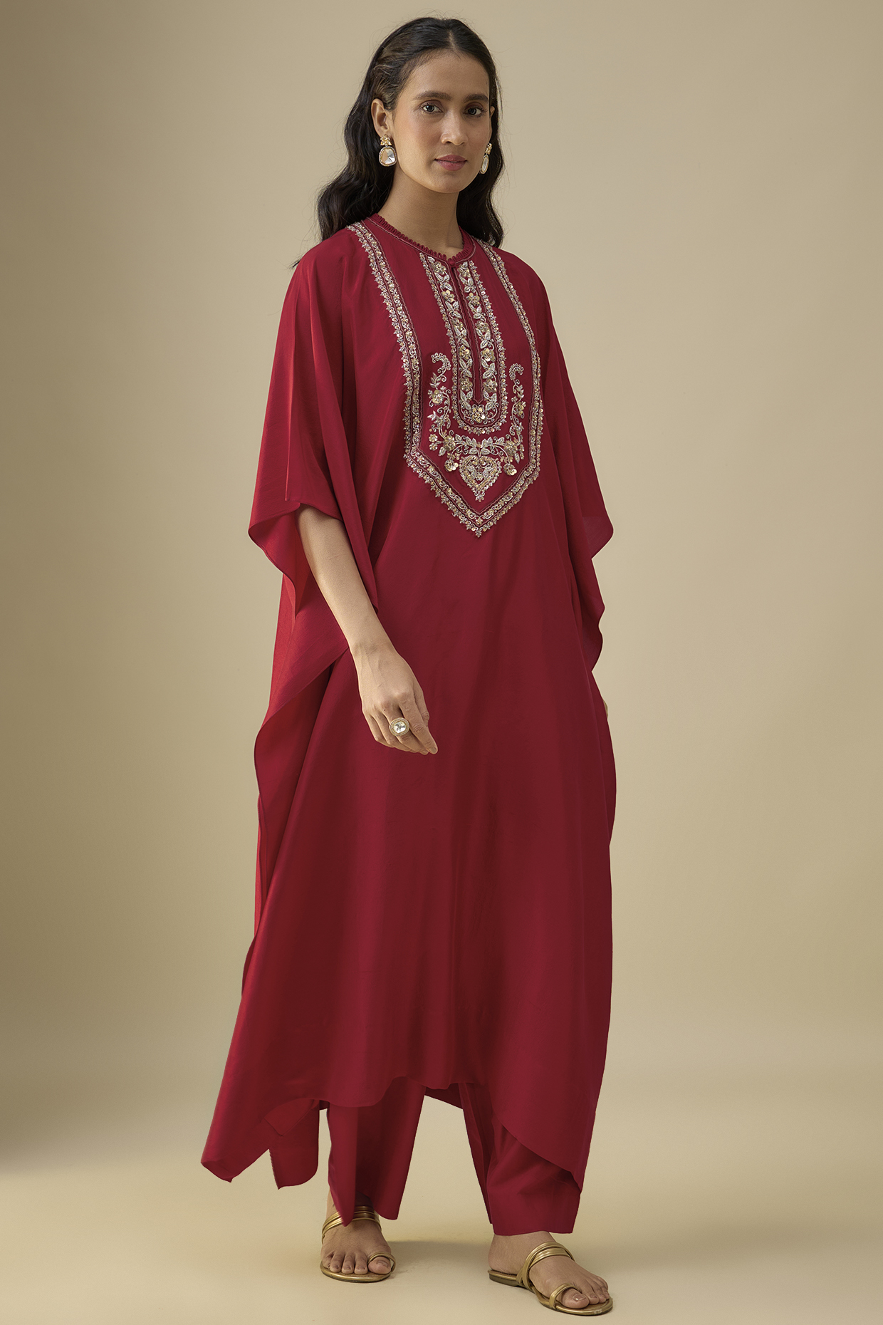 Red Silk Zardosi Embroidered Kaftan Set by Jayanti Reddy at Pernia's Pop Up Shop