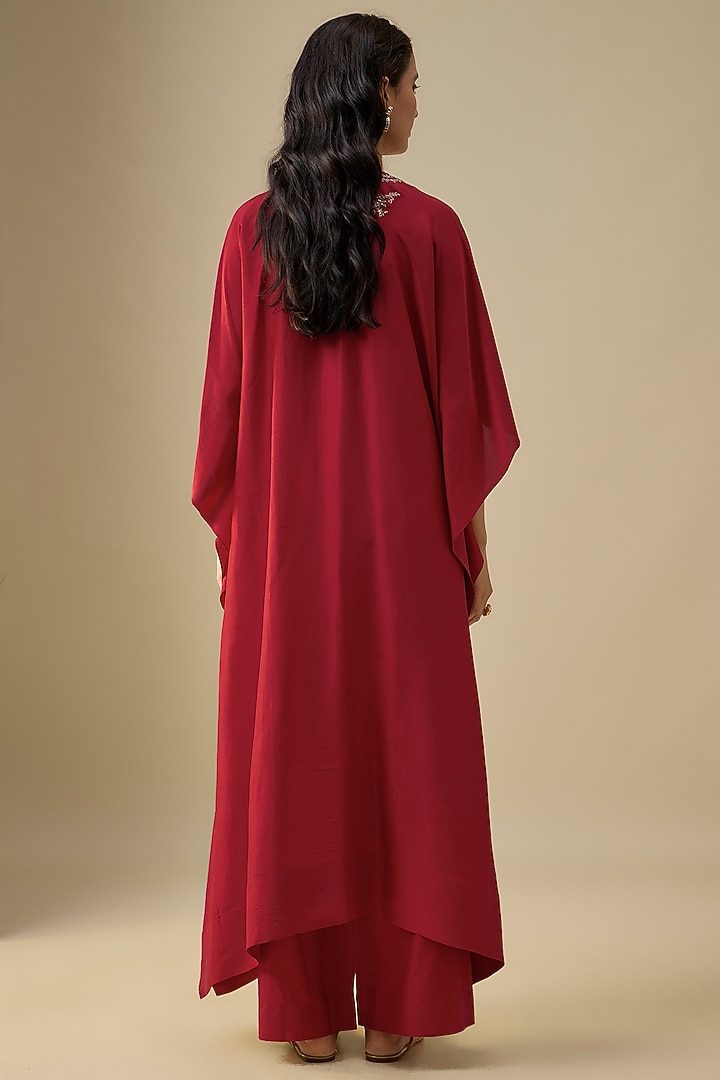 Red Silk Zardosi Embroidered Kaftan Set by Jayanti Reddy at Pernia's Pop Up Shop