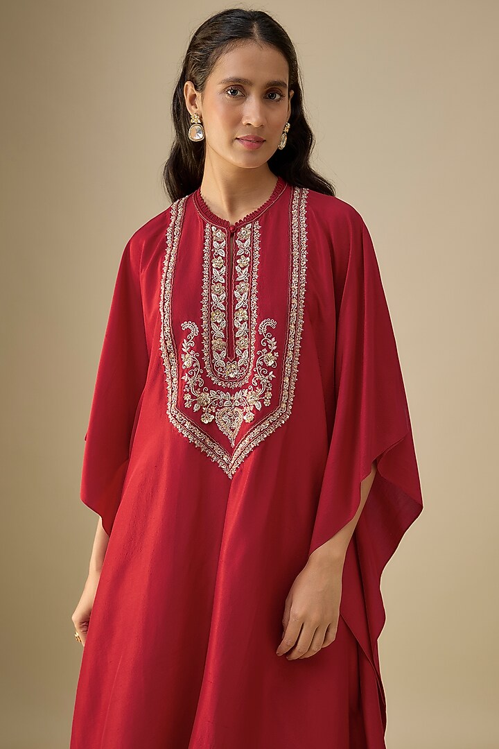 Red Silk Zardosi Embroidered Kaftan Set by Jayanti Reddy at Pernia's Pop Up Shop