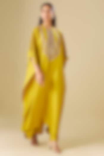 Mustard Silk Zardosi Embroidered Kaftan Set by Jayanti Reddy at Pernia's Pop Up Shop