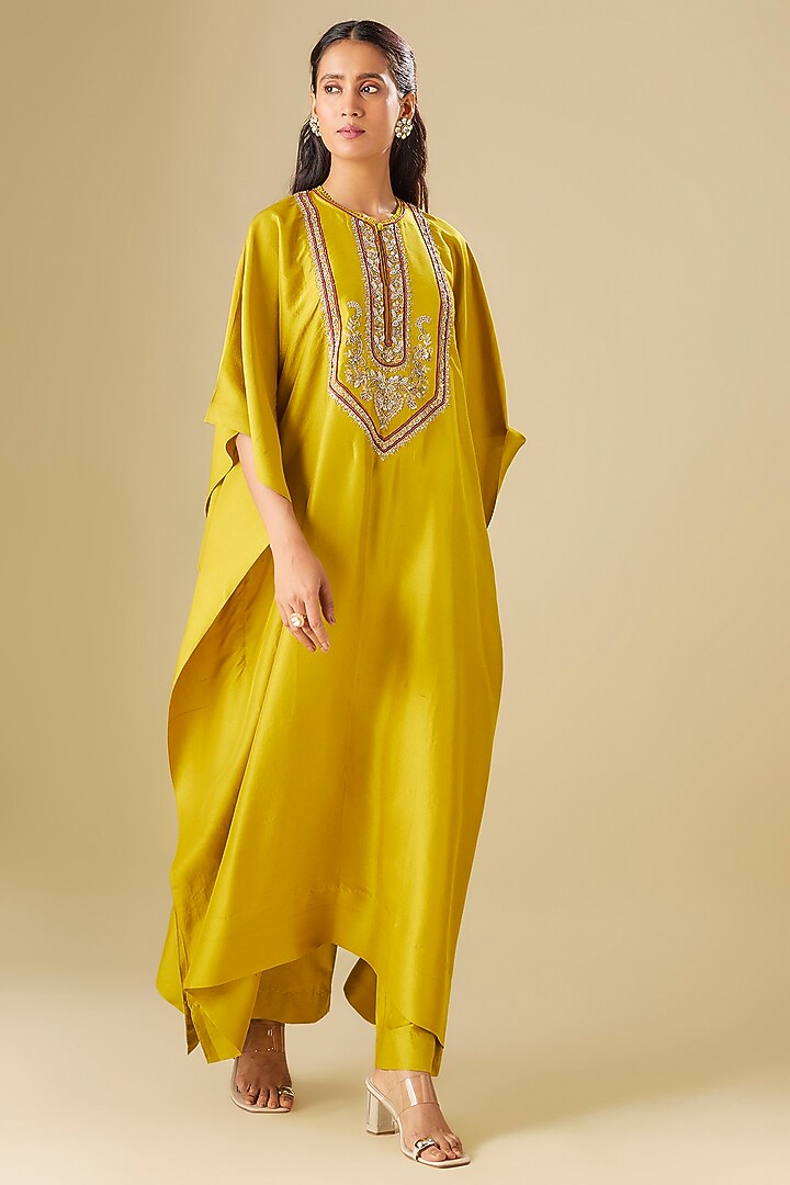 Mustard Silk Zardosi Embroidered Kaftan Set by Jayanti Reddy at Pernia's Pop Up Shop