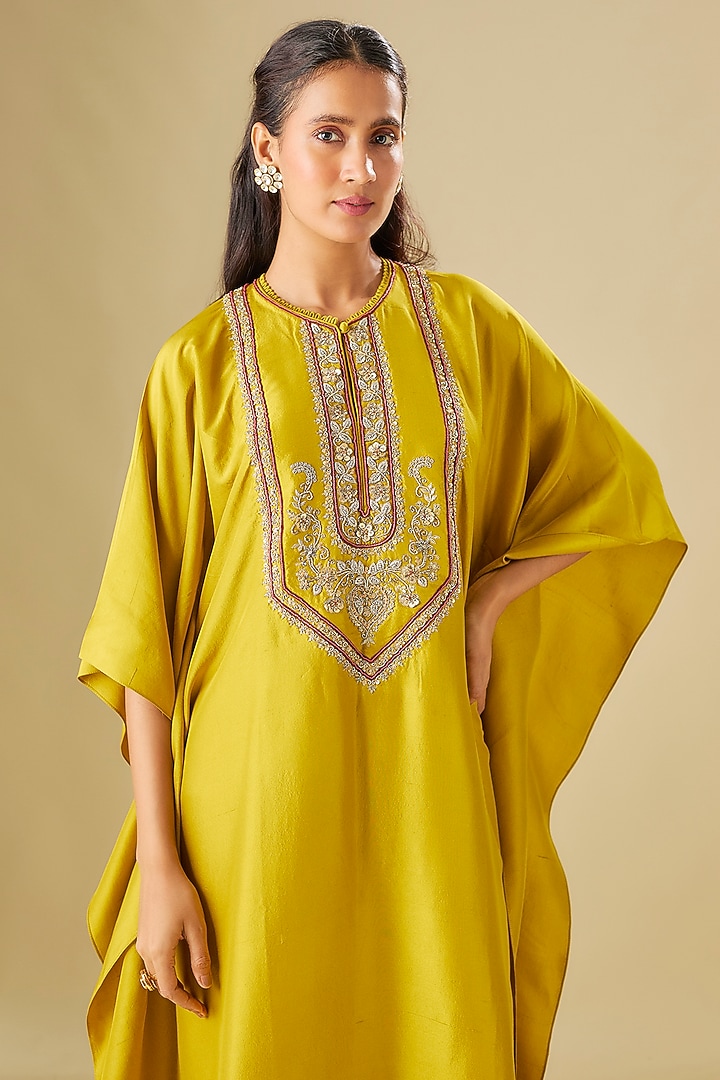 Mustard Silk Zardosi Embroidered Kaftan Set by Jayanti Reddy at Pernia's Pop Up Shop