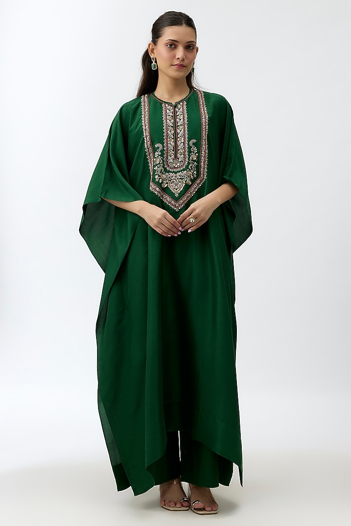 Emerald Green Silk Zardosi Embroidered Kaftan Set by Jayanti Reddy at Pernia's Pop Up Shop