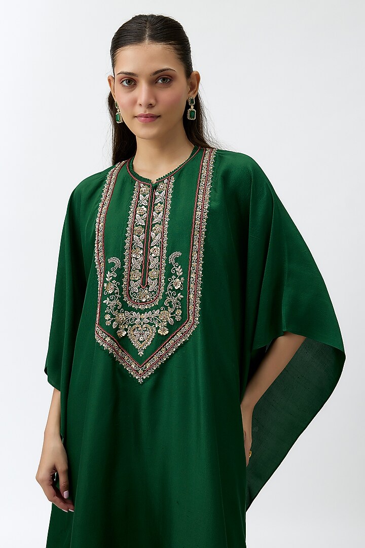 Emerald Green Silk Zardosi Embroidered Kaftan Set by Jayanti Reddy at Pernia's Pop Up Shop