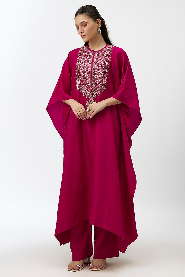 Pink Silk Zardosi Embroidered Kaftan Set by Jayanti Reddy at Pernia's Pop Up Shop