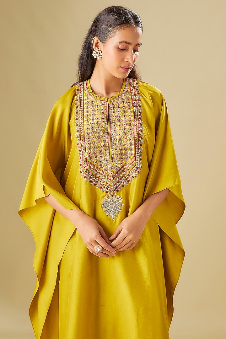 Mustard Silk Zardosi Embroidered Kaftan Set by Jayanti Reddy at Pernia's Pop Up Shop
