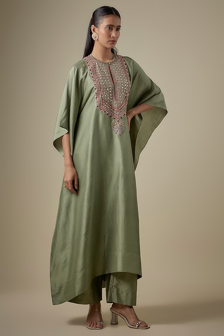 Green Silk Embroidered Kaftan Set by Jayanti Reddy at Pernia's Pop Up Shop