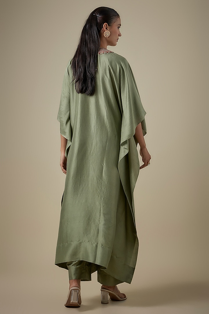 Green Silk Embroidered Kaftan Set by Jayanti Reddy at Pernia's Pop Up Shop