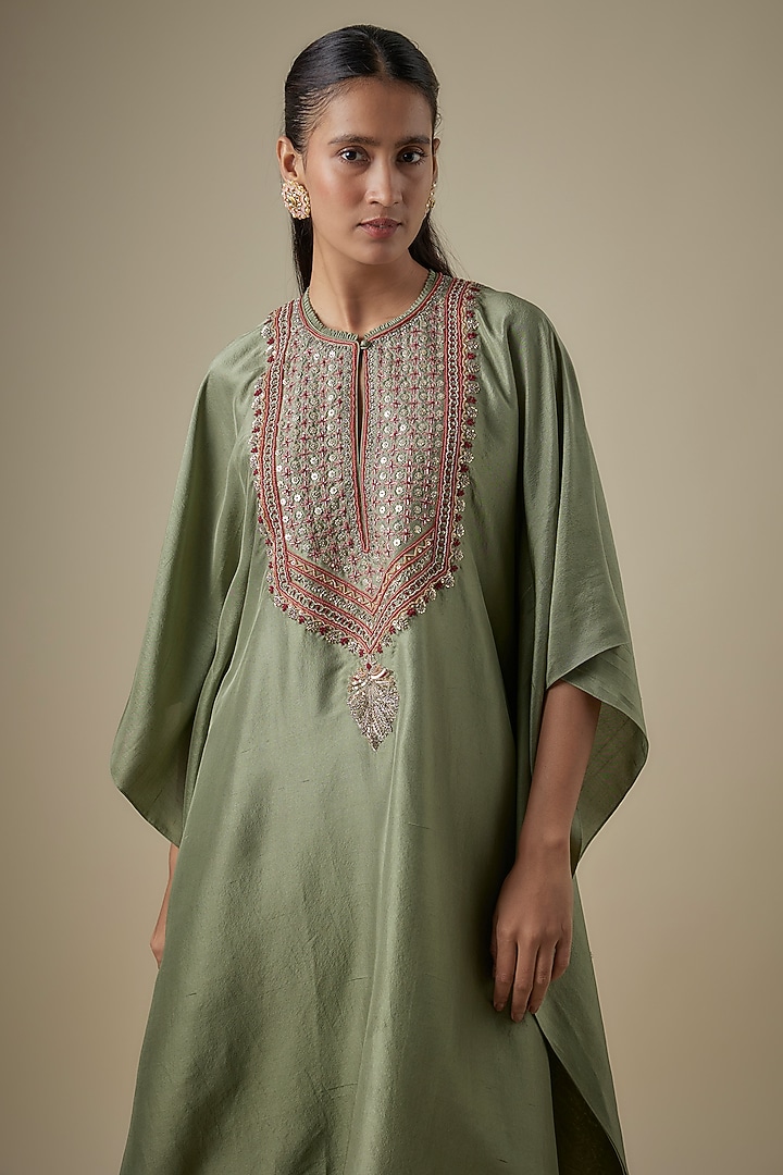 Green Silk Embroidered Kaftan Set by Jayanti Reddy at Pernia's Pop Up Shop