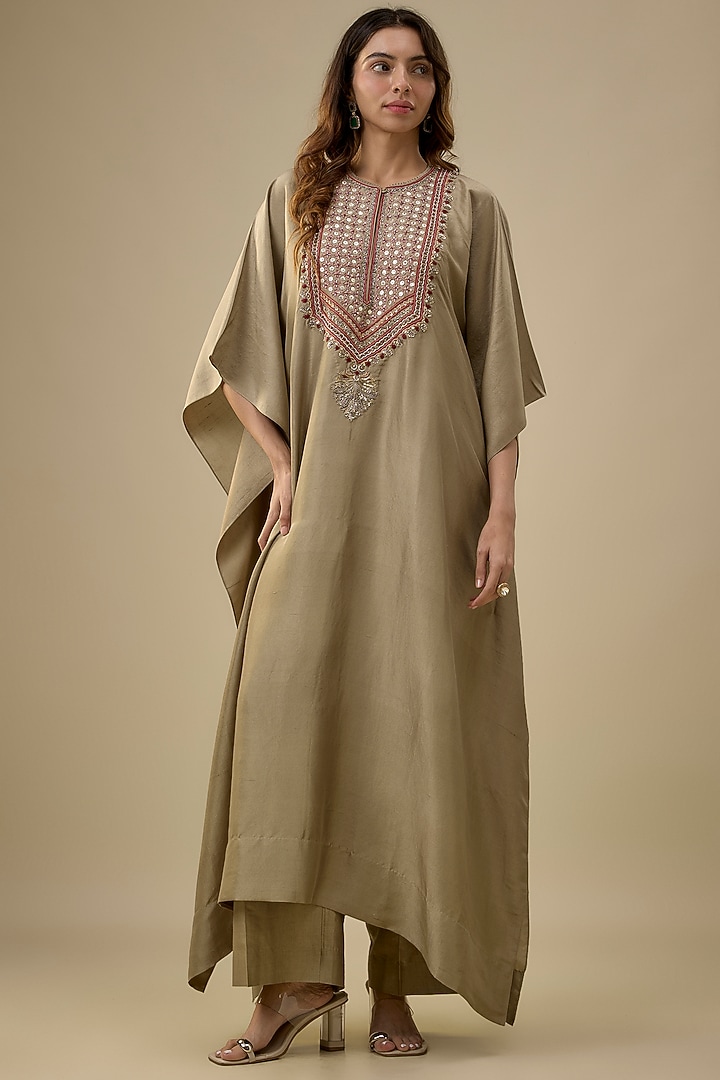 Golden Beige Silk Zardosi Embroidered Kaftan Set by Jayanti Reddy at Pernia's Pop Up Shop