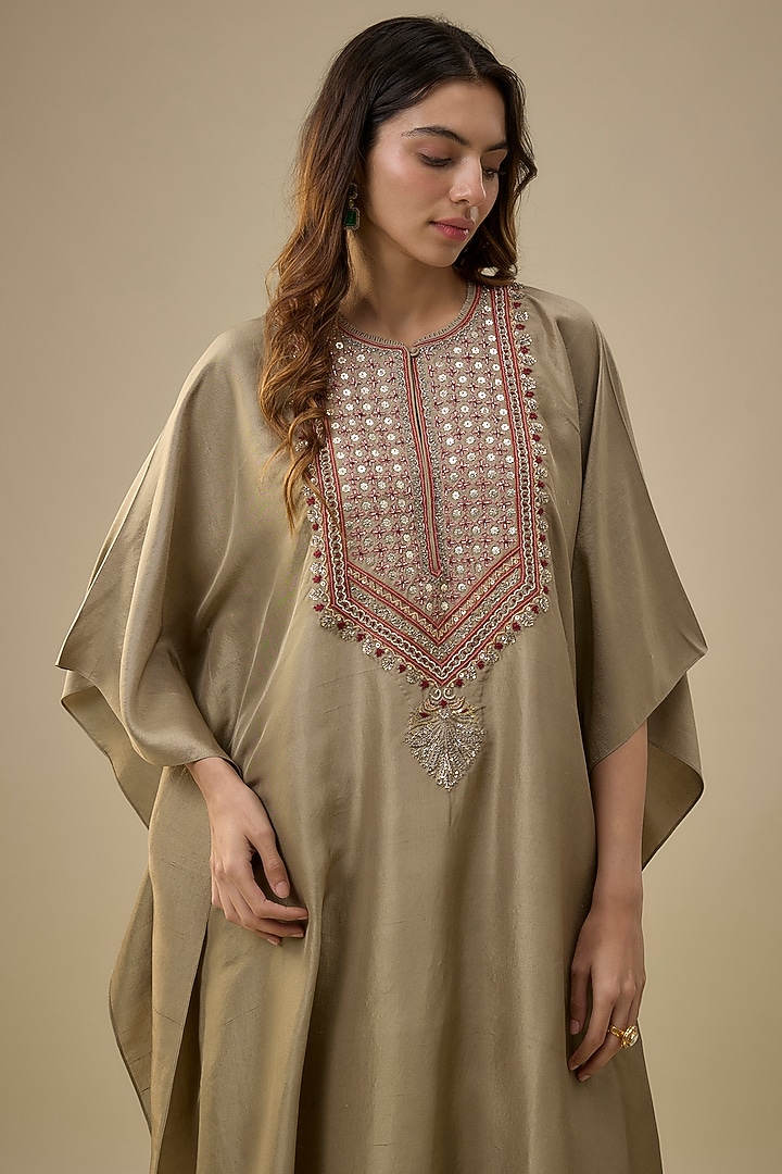 Golden Beige Silk Zardosi Embroidered Kaftan Set by Jayanti Reddy at Pernia's Pop Up Shop
