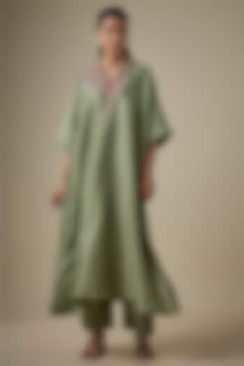 Green Silk Embroidered Kaftan Set by Jayanti Reddy at Pernia's Pop Up Shop