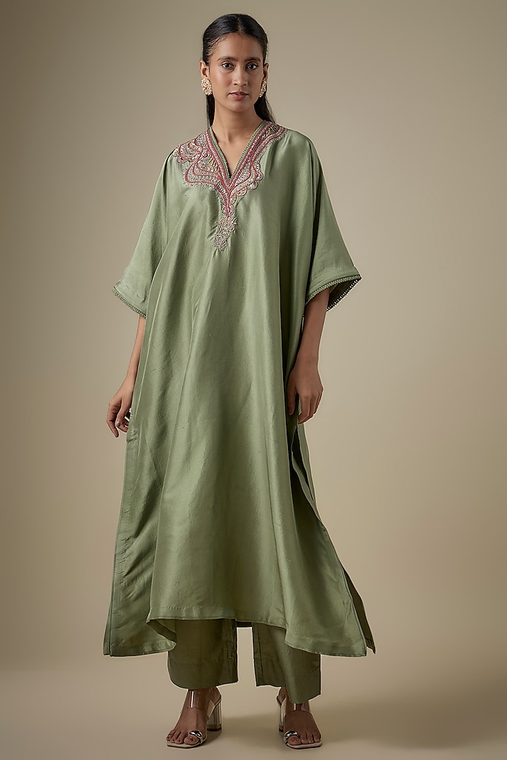 Green Silk Embroidered Kaftan Set by Jayanti Reddy at Pernia's Pop Up Shop