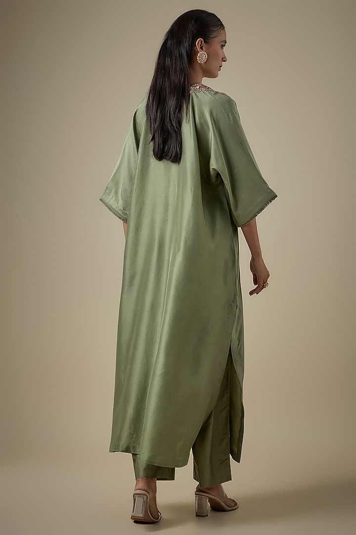 Green Silk Embroidered Kaftan Set by Jayanti Reddy at Pernia's Pop Up Shop