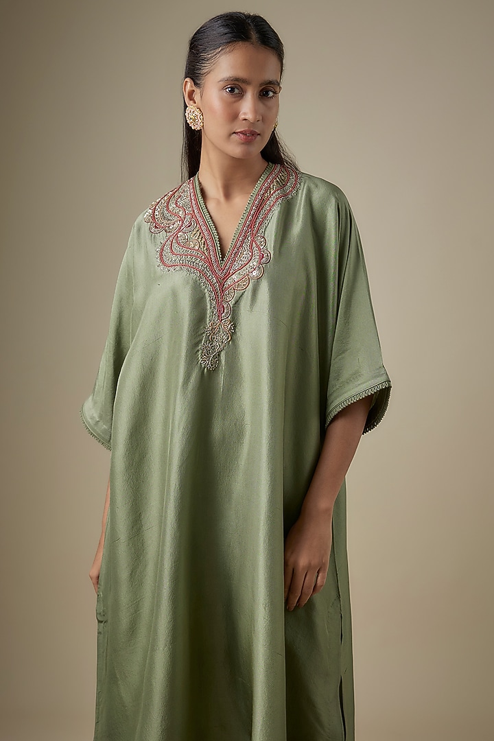 Green Silk Embroidered Kaftan Set by Jayanti Reddy at Pernia's Pop Up Shop