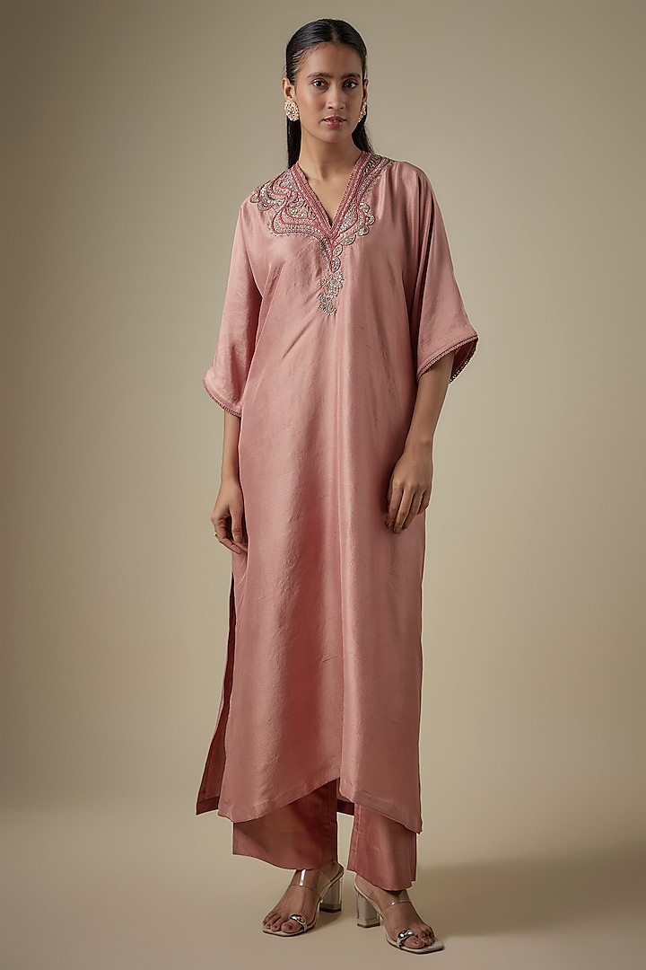 Peach Silk Embroidered Kaftan Set by Jayanti Reddy at Pernia's Pop Up Shop