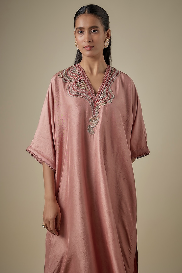 Peach Silk Embroidered Kaftan Set by Jayanti Reddy at Pernia's Pop Up Shop
