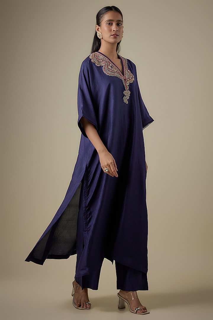 Purple Silk Embroidered Kaftan Set by Jayanti Reddy at Pernia's Pop Up Shop