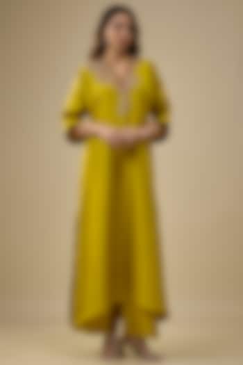 Mustard Silk Zardosi Embroidered Kaftan Set by Jayanti Reddy at Pernia's Pop Up Shop