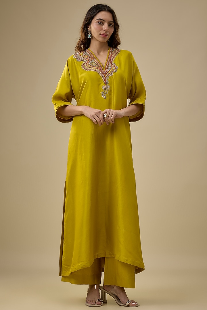 Mustard Silk Zardosi Embroidered Kaftan Set by Jayanti Reddy at Pernia's Pop Up Shop
