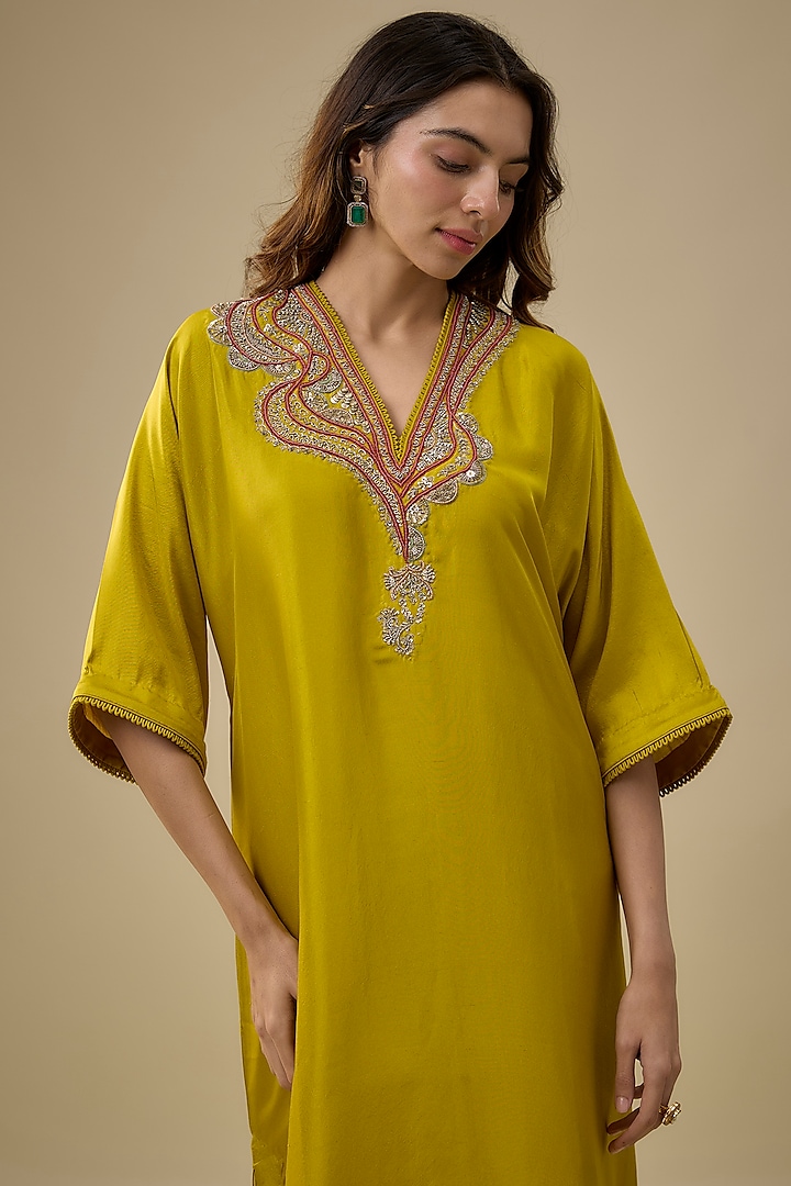 Mustard Silk Zardosi Embroidered Kaftan Set by Jayanti Reddy at Pernia's Pop Up Shop