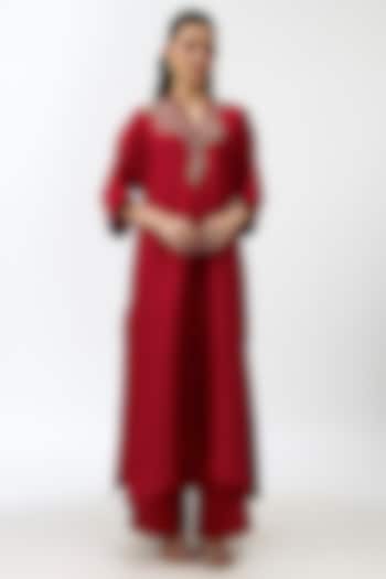 Red Silk Zardosi Embroidered Kaftan Set by Jayanti Reddy at Pernia's Pop Up Shop