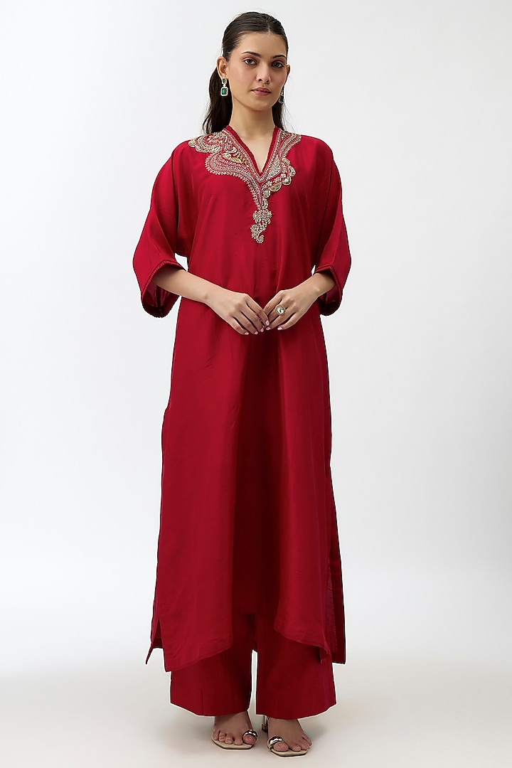 Red Silk Zardosi Embroidered Kaftan Set by Jayanti Reddy at Pernia's Pop Up Shop