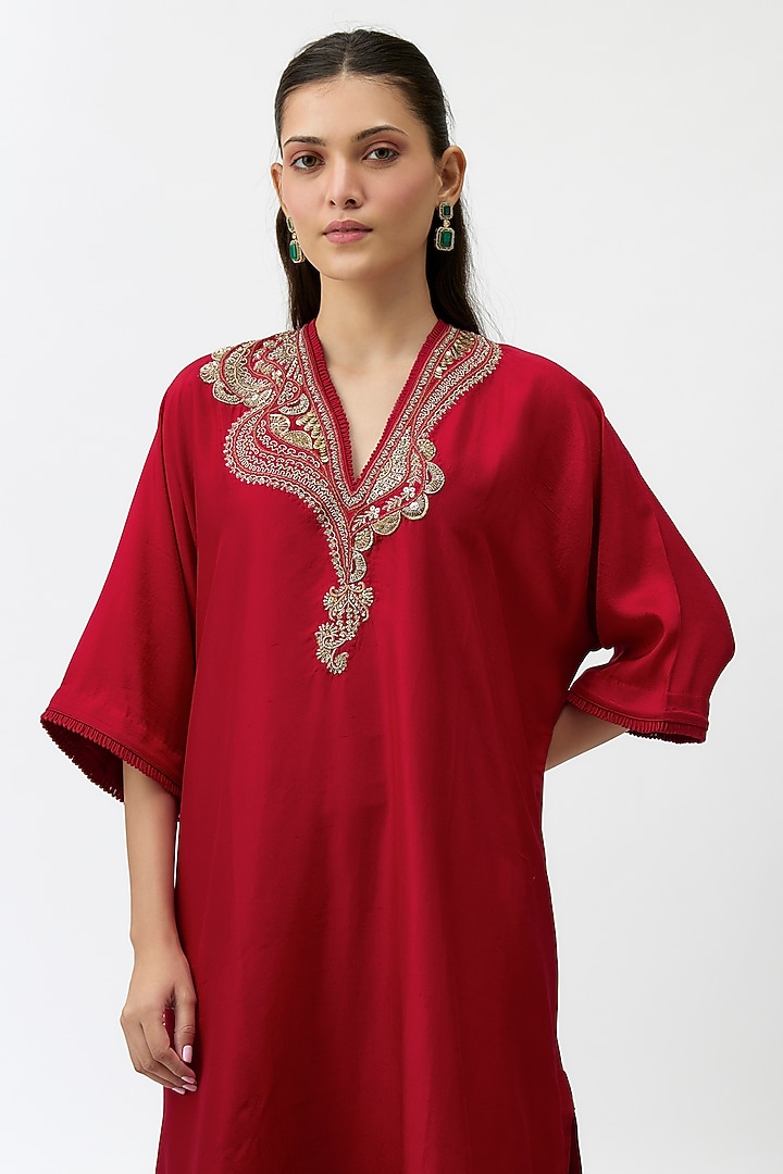 Red Silk Zardosi Embroidered Kaftan Set by Jayanti Reddy at Pernia's Pop Up Shop