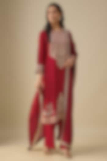 Red Silk Zardosi Embroidered Kurta Set by Jayanti Reddy at Pernia's Pop Up Shop