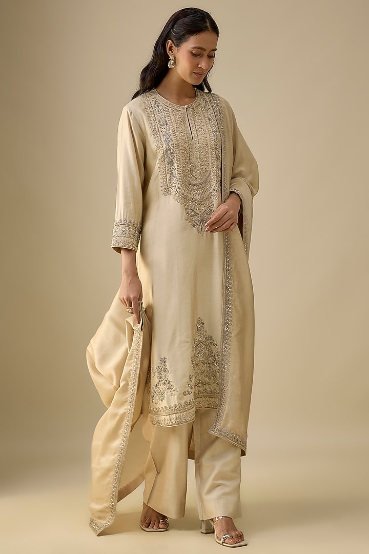 Beige Silk Zardosi Embroidered Kurta Set by Jayanti Reddy at Pernia's Pop Up Shop