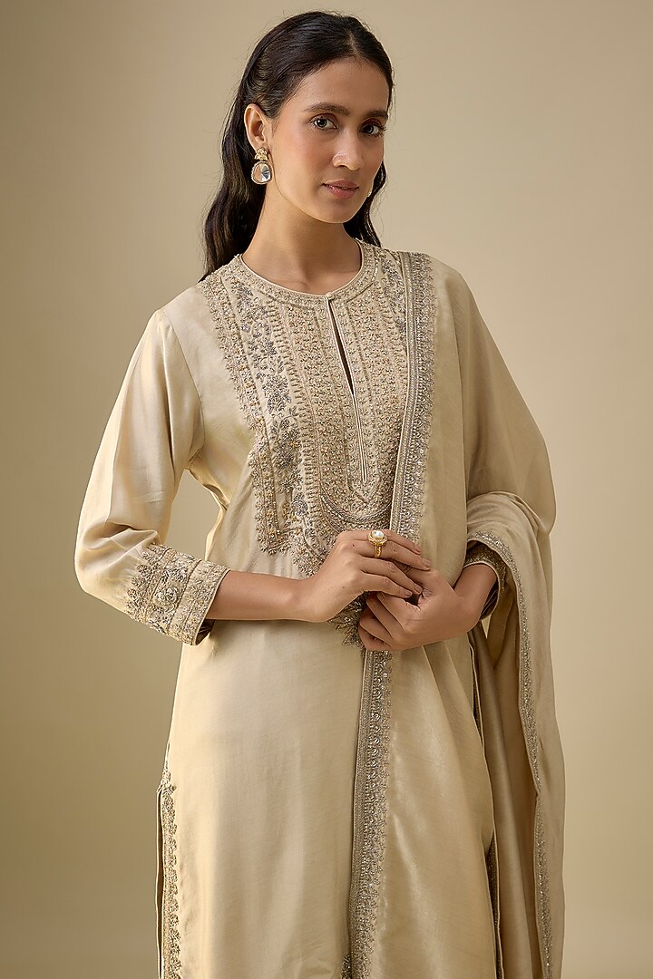 Beige Silk Zardosi Embroidered Kurta Set by Jayanti Reddy at Pernia's Pop Up Shop