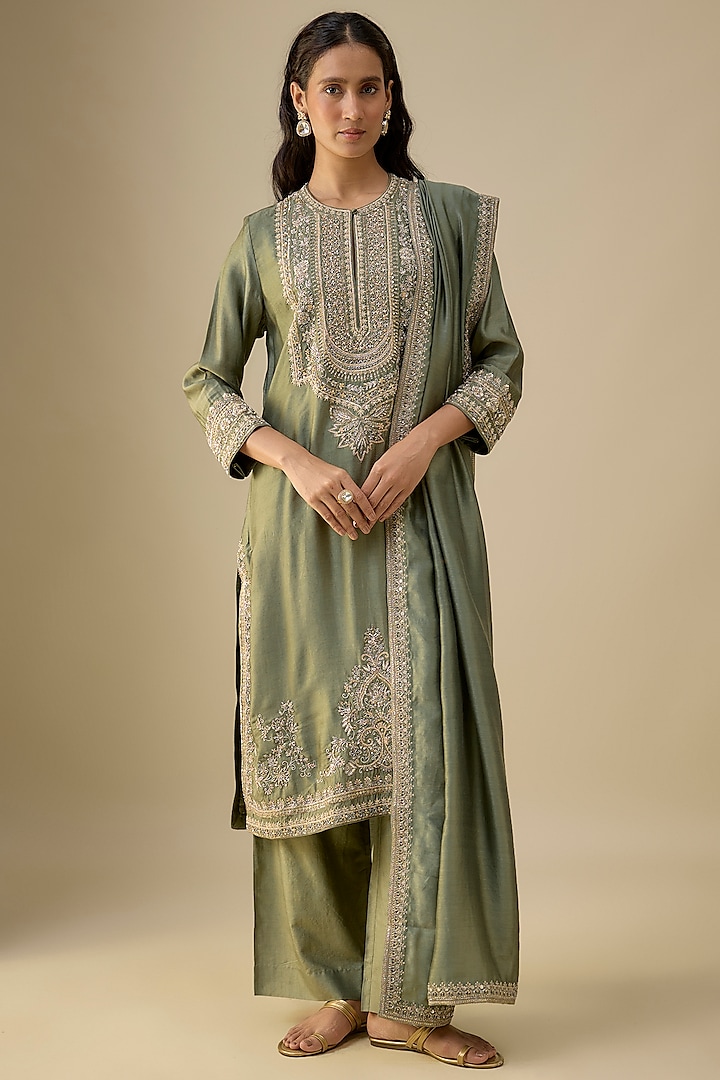 Mint Green Silk Zardosi Embroidered Kurta Set by Jayanti Reddy at Pernia's Pop Up Shop