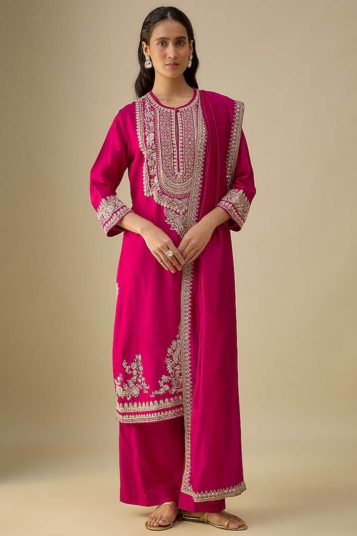 Pink Silk Zardosi Embroidered Kurta Set by Jayanti Reddy at Pernia's Pop Up Shop