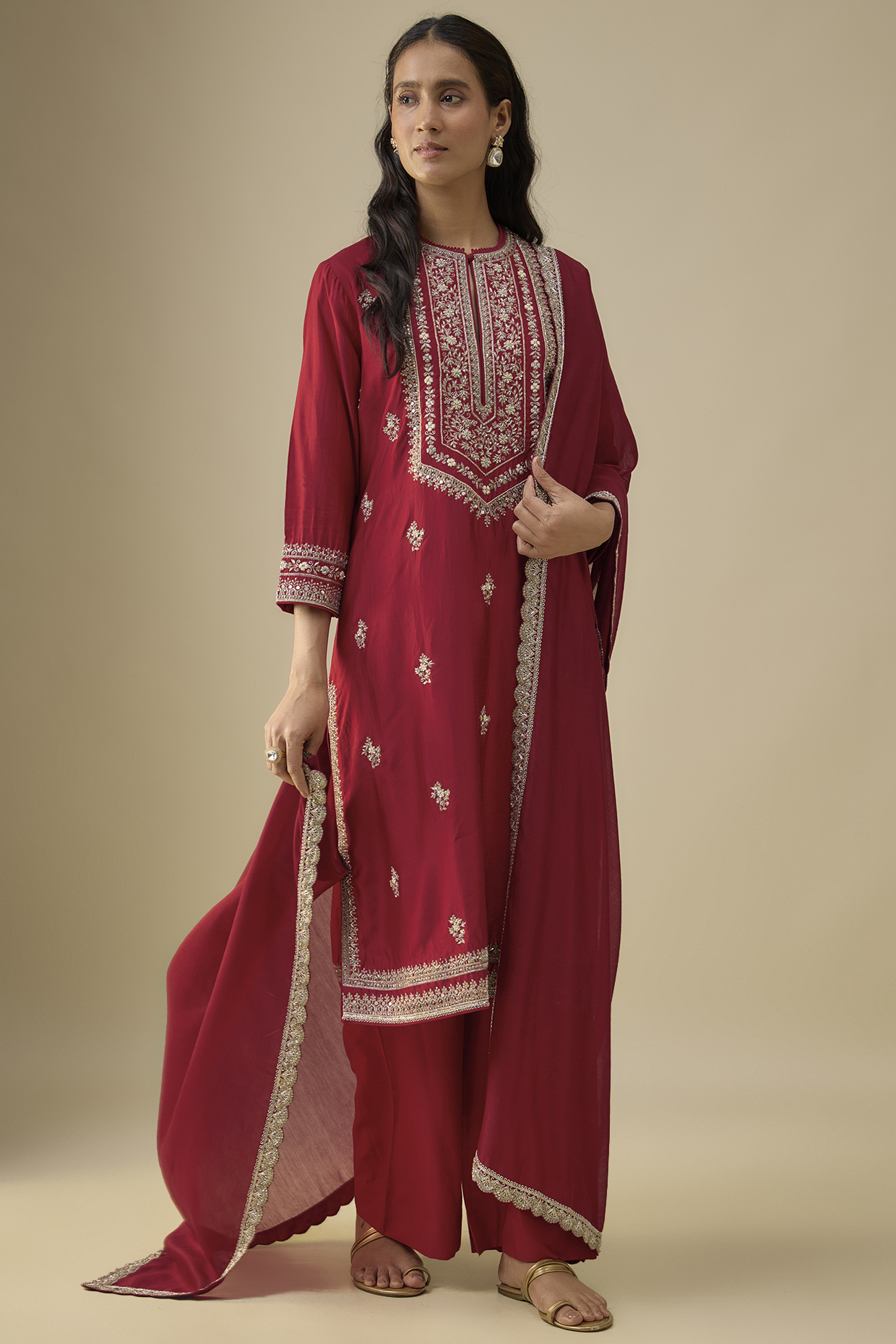 Red Silk Zardosi Embroidered Kurta Set by Jayanti Reddy at Pernia's Pop Up Shop