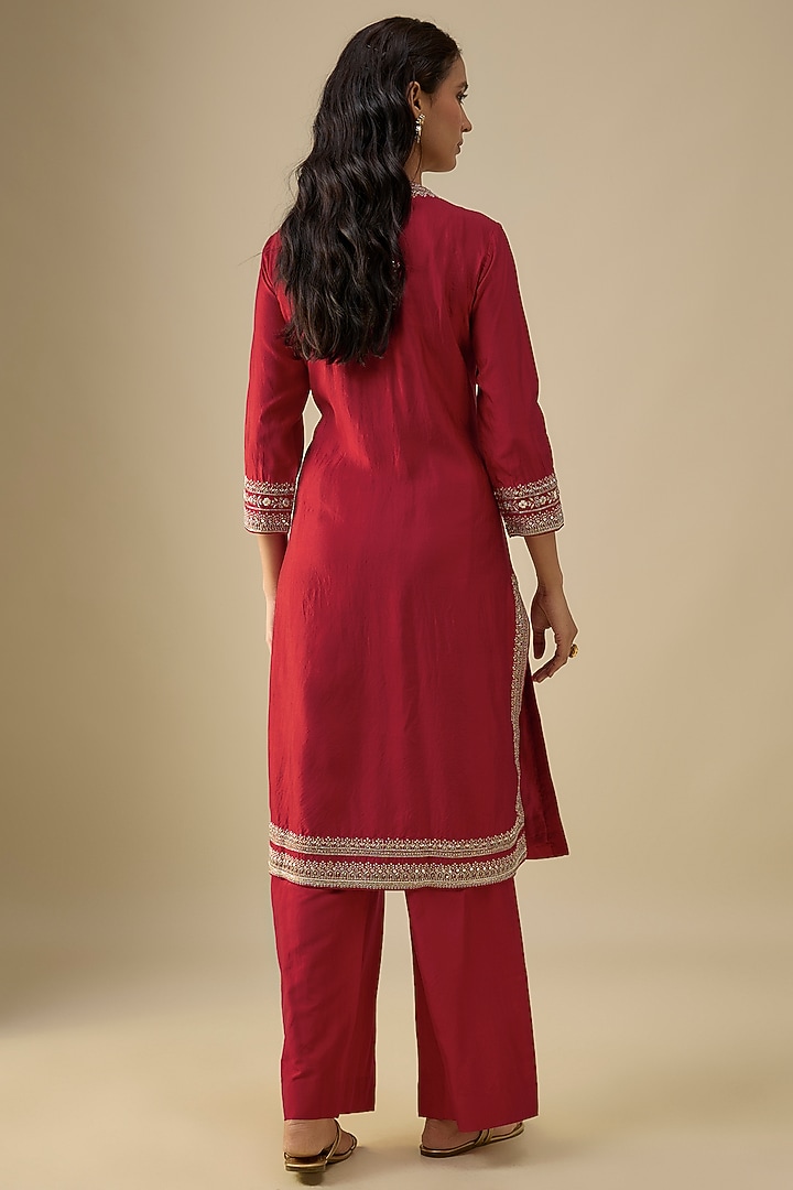 Red Silk Zardosi Embroidered Kurta Set by Jayanti Reddy at Pernia's Pop Up Shop