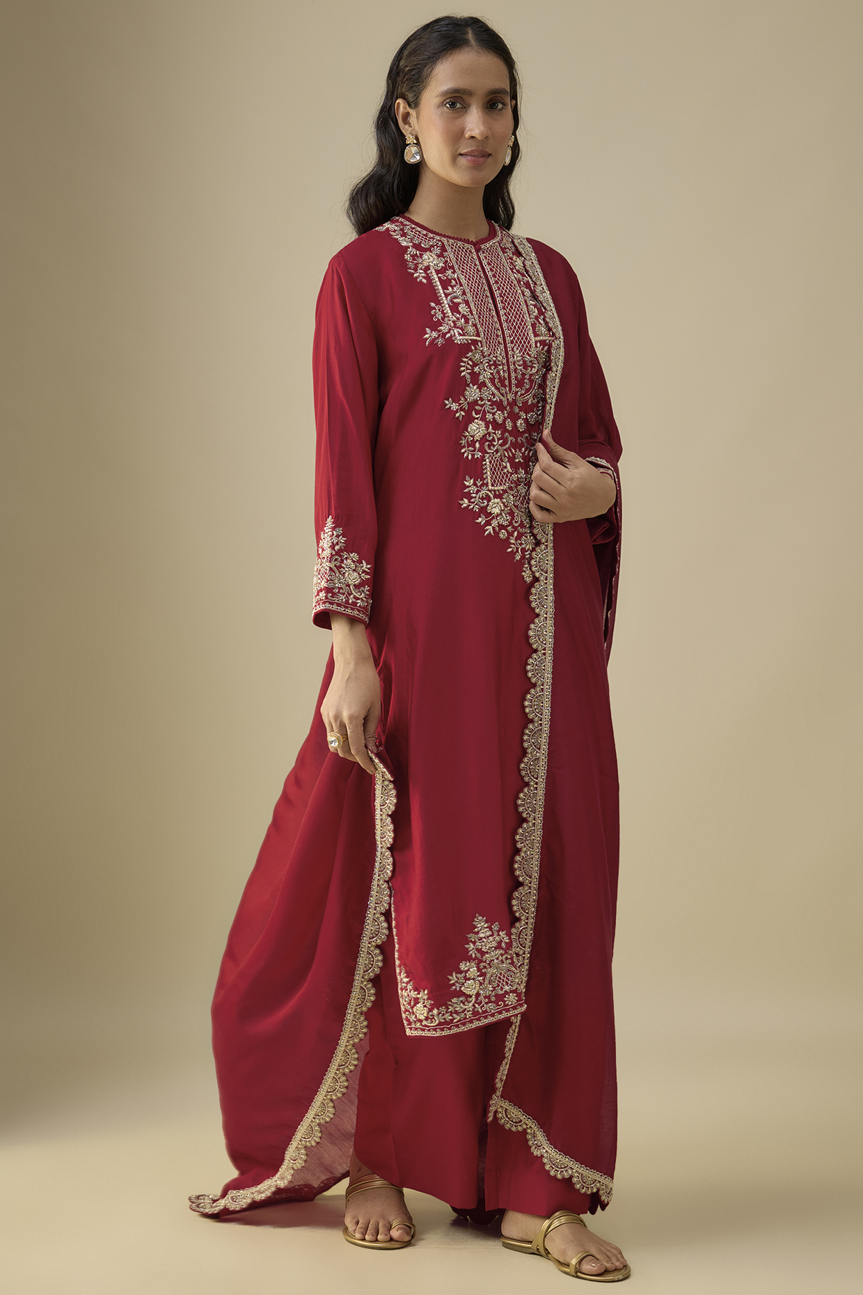 Red Silk Zardosi Embroidered Kurta Set by Jayanti Reddy at Pernia's Pop Up Shop