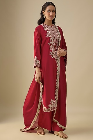 Red Silk Zardosi Embroidered Kurta Set by Jayanti Reddy