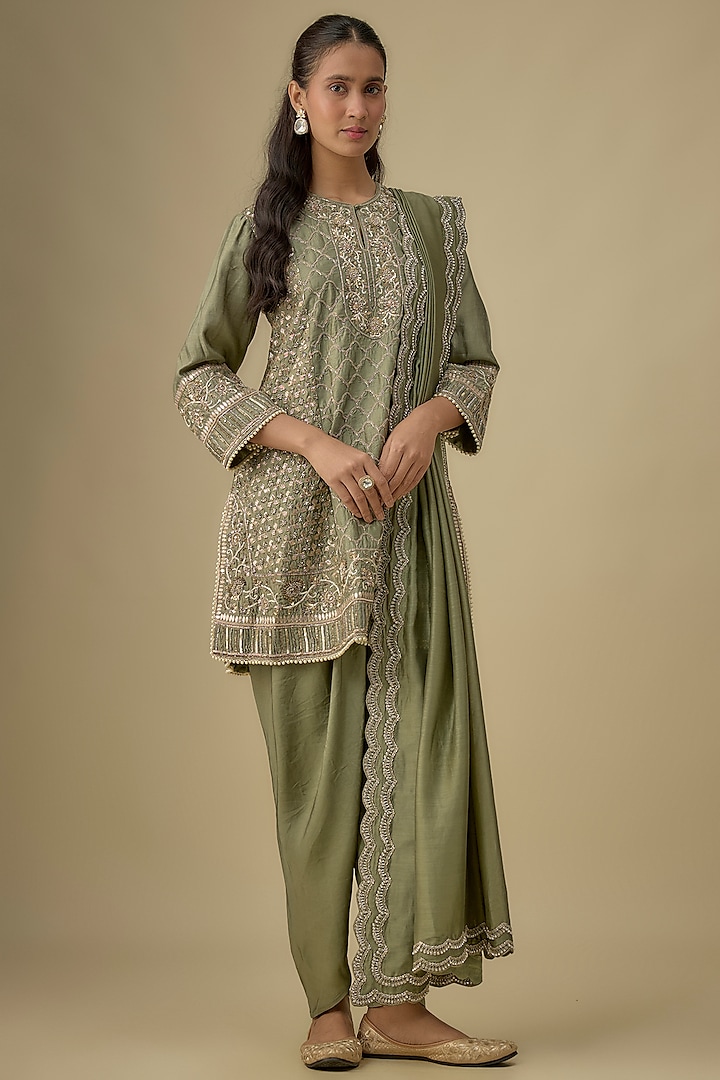 Mint Green Silk Zardosi Embroidered Tunic Set by Jayanti Reddy at Pernia's Pop Up Shop