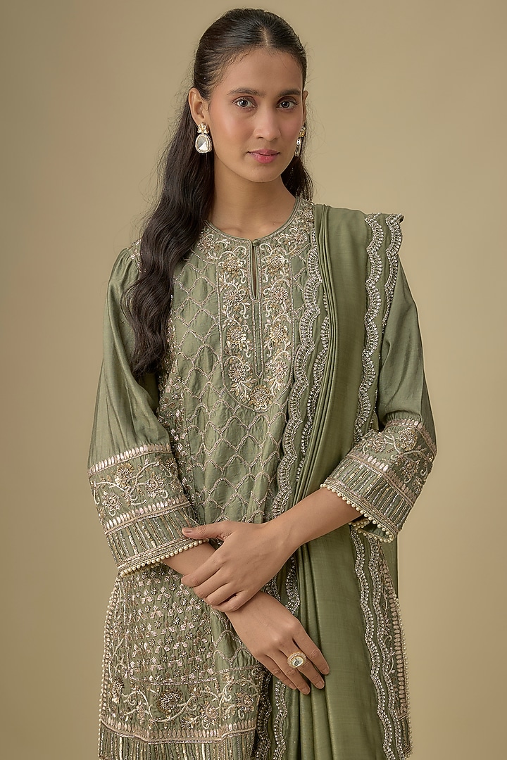 Mint Green Silk Zardosi Embroidered Tunic Set by Jayanti Reddy at Pernia's Pop Up Shop
