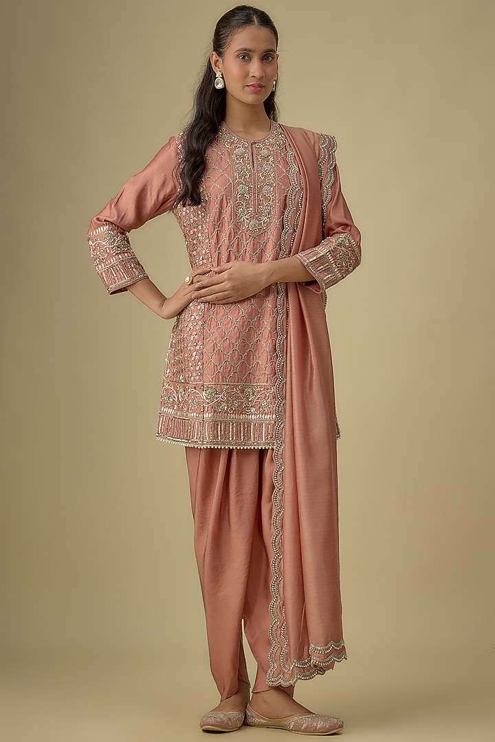 Peach Silk Zardosi Embroidered Tunic Set by Jayanti Reddy at Pernia's Pop Up Shop