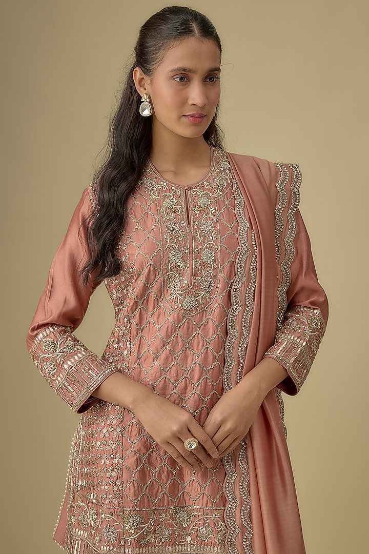 Peach Silk Zardosi Embroidered Tunic Set by Jayanti Reddy at Pernia's Pop Up Shop
