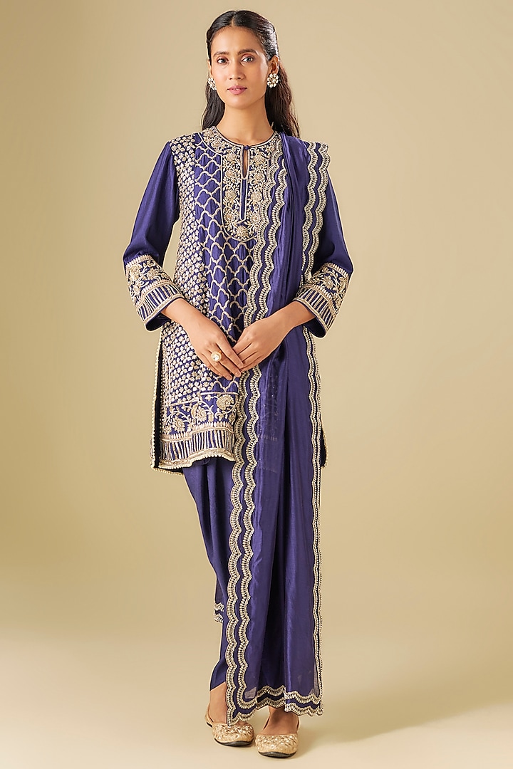Purple Silk Zardosi Embroidered Tunic Set by Jayanti Reddy at Pernia's Pop Up Shop