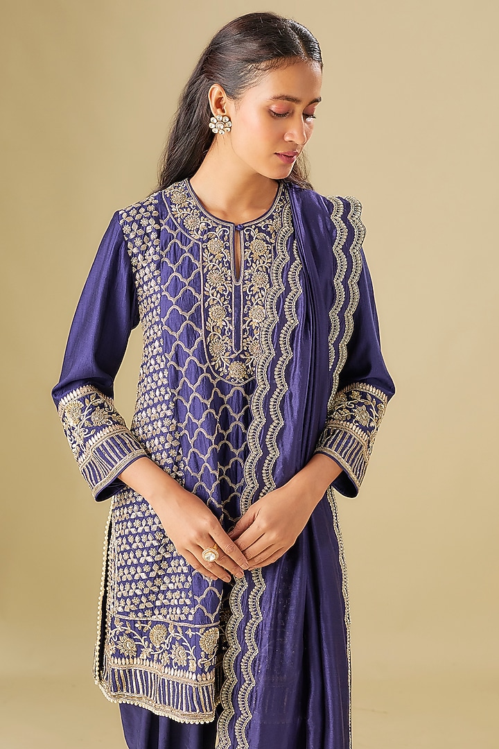 Purple Silk Zardosi Embroidered Tunic Set by Jayanti Reddy at Pernia's Pop Up Shop