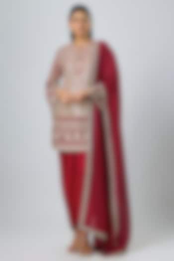 Red Silk Zardosi Embroidered Tunic Set by Jayanti Reddy at Pernia's Pop Up Shop