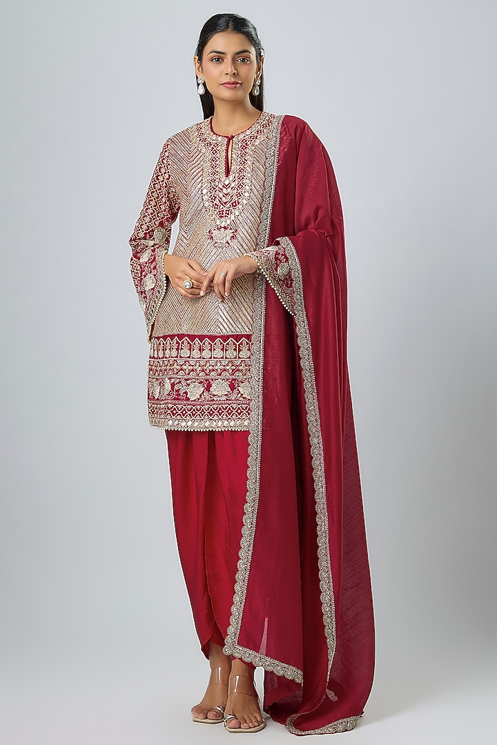 Red Silk Zardosi Embroidered Tunic Set by Jayanti Reddy at Pernia's Pop Up Shop