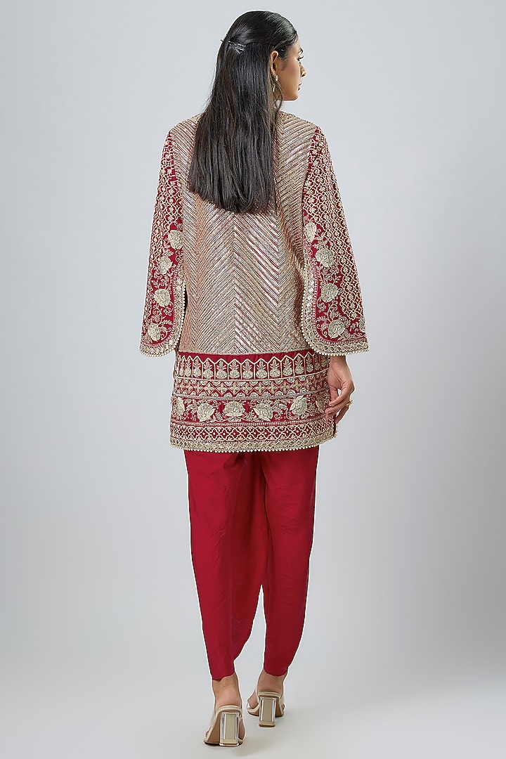 Red Silk Zardosi Embroidered Tunic Set by Jayanti Reddy at Pernia's Pop Up Shop