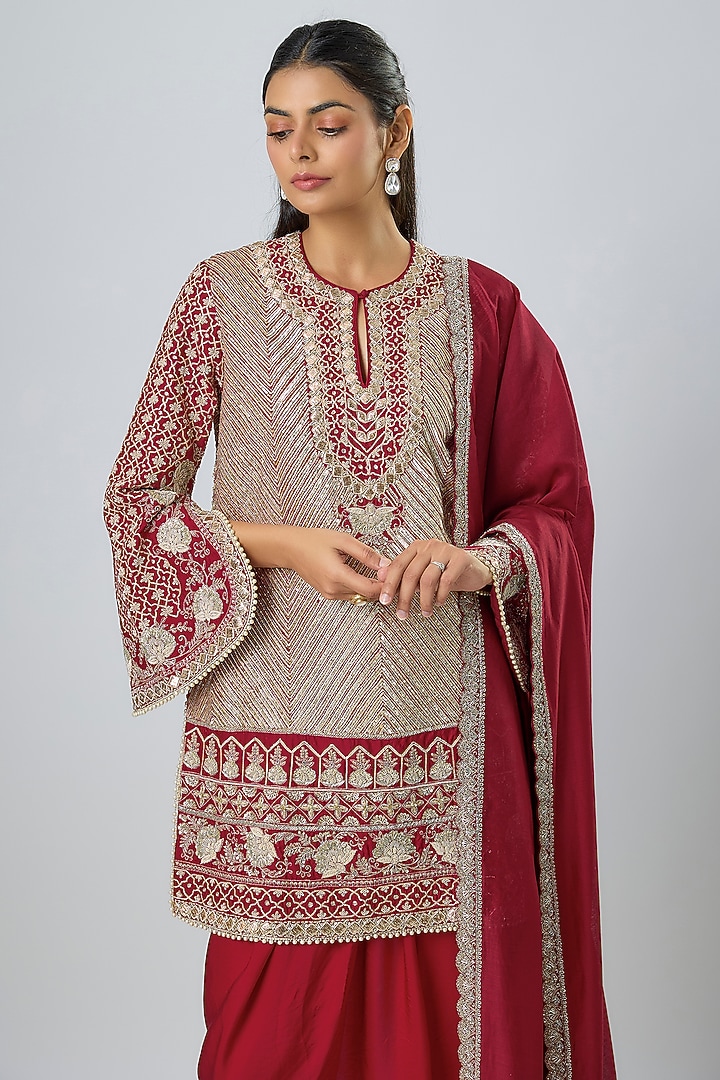 Red Silk Zardosi Embroidered Tunic Set by Jayanti Reddy at Pernia's Pop Up Shop