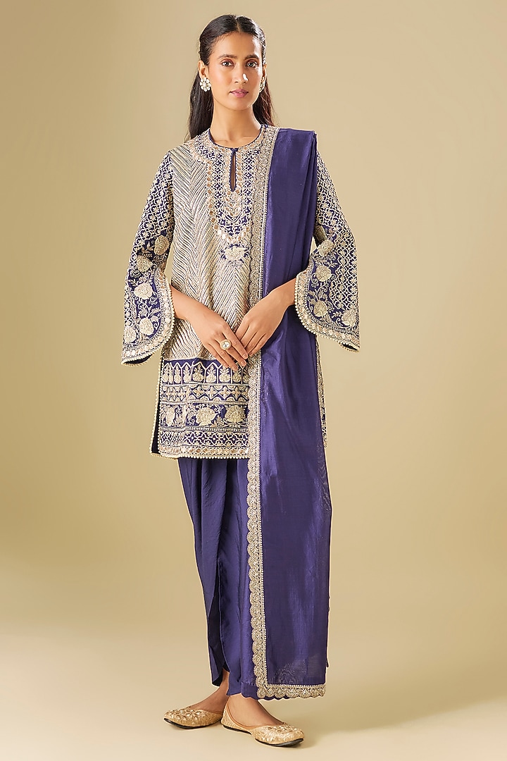 Purple Silk Zardosi Embroidered Tunic Set by Jayanti Reddy at Pernia's Pop Up Shop